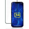 Na zdjęciu widoczny jest telefon z niebieskim, geometrycznym wzorem na ekranie oraz logo "3mk" w żółtej ramce. Obok telefonu znajduje się szkło hartowane, które jest przejrzyste i ma czarne obramowanie.