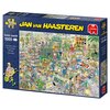 Pudełko puzzli przedstawia kolorową, komiksową ilustrację centrum ogrodniczego z wieloma postaciami i roślinami. Na opakowaniu widnieje napis "JAN van HAASTEREN", logo "Jumbo" oraz informacja "Comic puzzle 1000" z dodatkowymi tłumaczeniami.