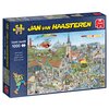 Pudełko puzzli przedstawia kolorową, szczegółową ilustrację zatłoczonego miasteczka z różnorodnymi postaciami i budynkami, z widocznym napisem "JAN van HAASTEREN" oraz logo "Jumbo". Na opakowaniu znajduje się tekst: "Comic puzzle 1000", "Island Retreat", 