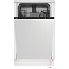 Zmywarka BEKO b300 DIS48020 o szerokości 45 cm z panelem sterowania na górnej krawędzi drzwi, zawierającym ikony funkcji oraz logo "beko". Na dole drzwi widoczny jest czerwony wskaźnik świetlny.