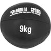 Czarna piłka lekarska z białym napisem "GORILLA SPORTS" oraz "PROFESSIONAL GYM EQUIPMENT FOR EVERYONE" na górze, a poniżej widoczny jest napis "9kg".