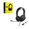 Czarne słuchawki nauszne z mikrofonem i kablem zakończonym wtyczką USB, obok żółtego pudełka z napisem "HS35 SURROUND v2". Na pudełku widnieje logo producenta "CORSAIR" oraz informacje o kompatybilności z różnymi platformami.