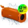 Pomarańczowy głośnik mobilny z logo "SONY" na siatce, otoczony rozpryskującą się wodą, z widocznym okrągłym znakiem informującym o 12-godzinnej żywotności baterii i napisem "ULT POWER SOUND".