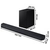 Na zdjęciu znajduje się czarny soundbar oraz bezprzewodowy subwoofer. Wymiary soundbara to 1107 mm długości, 60,4 mm wysokości i 120 mm głębokości, a subwoofera 205 mm szerokości, 353 mm wysokości i 302 mm głębokości.