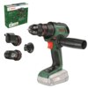 Na zdjęciu znajduje się wiertarko-wkrętarka BOSCH AdvancedDrill 18V-80 Quicksnap z kilkoma wymiennymi końcówkami, a w tle widoczne jest opakowanie z grafiką produktu. Na urządzeniu i opakowaniu widnieje logo BOSCH oraz oznaczenia modelu i specyfikacji, takie jak "18V" i "ALL 18V COMPATIBLE".