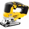 Żółto-czarna wyrzynarka marki DEWALT z widocznymi napisami "XR", "DEWALT", "18V XR" oraz "BRUSHLESS" na obudowie. Narzędzie posiada ergonomiczny uchwyt i metalową podstawę.