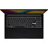 Na zdjęciu widoczny jest otwarty laptop z podświetlaną klawiaturą, na której znajdują się standardowe klawisze QWERTY oraz numeryczne. Ekran laptopa wyświetla kolorowy pasek z napisem "ASUS VivoBook".