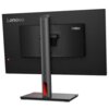 Czarny monitor z logo "Lenovo" i "ThinkVision" na tylnej obudowie, zamontowany na prostokątnej podstawie z pionowym wspornikiem. Na obudowie widoczny jest czerwony przycisk.