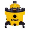 Żółty odkurzacz przemysłowy z czarnymi elementami, na którym widoczne jest logo "DEWALT" oraz napis "WET & DRY VACUUM". Odkurzacz posiada cztery kółka i dwa widoczne otwory na przedniej części.