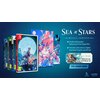 Na zdjęciu widoczne są okładki gry "Sea of Stars" na różne platformy oraz dwustronny plakat z grafiką autorstwa Bryce Kho. Obok znajduje się tekst informujący o możliwości zamówienia przedpremierowego, które obejmuje cyfrowe pobranie ścieżki dźwiękowej gry.