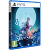 Okładka gry "Sea of Stars" na PS5 przedstawia dwie postacie stojące plecami do siebie na tle dużego księżyca, otoczonego gwiazdami i krajobrazem z niebieskimi kwiatami. Na dole widnieje logo PEGI 7 oraz logo producenta Sabotage.