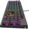 Czarna klawiatura mechaniczna z podświetleniem RGB, widoczna z perspektywy ukośnej, z wyraźnie widocznymi klawiszami numerycznymi i literowymi. Na obudowie znajduje się napis "THOR 303", a na płycie pod klawiszami logo "GENESIS".
