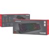 Czerwone opakowanie klawiatury mechanicznej z napisem "GENESIS" oraz "THOR 303 HOT SWAPPABLE MECHANICAL KEYBOARD" przedstawia klawiaturę z podświetleniem RGB. Na opakowaniu widoczne są także informacje o przełącznikach "Outemu Brown" oraz logo "RGB PRISM"