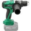 Na zdjęciu znajduje się zielono-czarna wiertarko-wkrętarka z bocznym uchwytem, z widocznym napisem "BRUSHLESS" na uchwycie oraz oznaczeniami "20V MAX", "4Ah", "STALCO", "S-VOLT" na szarej baterii. Na obudowie widać również tabliczkę znamionową z danymi te
