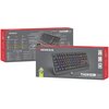 Czerwone opakowanie klawiatury z logo "GENESIS" zawiera zdjęcie klawiatury z podświetleniem RGB oraz napisy: "THOR 230 TKL Wireless Hot Swappable Mechanical Keyboard". Na opakowaniu znajdują się również ikony przedstawiające funkcje produktu oraz szczegół