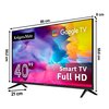 Telewizor z kolorowym ekranem wyświetla teksty: "Krüger&Matz", "Google TV", "40''", "Smart TV", "Full HD". Wymiary telewizora to 89 cm szerokości, 50,2 cm wysokości ekranu, 56,6 cm całkowitej wysokości oraz 21 cm głębokości podstawy.