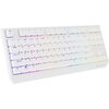 Biała klawiatura mechaniczna z podświetleniem RGB, posiadająca klawisze z oznaczeniami liter, cyfr i funkcji, w tym "Esc", "Tab", "Caps Lock", "Shift", "Ctrl", "Alt", oraz logo "GENESIS" w dolnym rogu. Klawisze są ułożone w standardowym układzie QWERTY, a