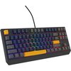 Czarna klawiatura mechaniczna z podświetleniem RGB, posiadająca klawisze w różnych kolorach, w tym żółty klawisz "Esc" i spację. Na obudowie widoczne jest logo "Genesis".
