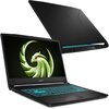 Na zdjęciu widoczny jest czarny laptop z podświetlaną na niebiesko klawiaturą oraz ekranem, na którym wyświetlone jest zielone logo przypominające smoka. Obok laptopa znajduje się jego zamknięta pokrywa, na której również widoczne jest subtelne logo.