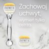 Na zdjęciu znajduje się golarka z wymiennym ostrzem oraz dodatkowe ostrze na marmurowym tle. Obok widnieje tekst: "Zachowaj uchwyt, wymień tylko ostrza."