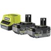 Zestaw składa się z dwóch akumulatorów i ładowarki w kolorze zielono-czarnym. Na akumulatorach widoczny jest napis "Lithium+ 18V 4.0Ah", a na ładowarce logo "RYOBI".
