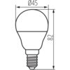 Schematyczny rysunek żarówki LED z oznaczeniami wymiarów: średnica 45 mm i wysokość 82 mm. Żarówka ma standardowy gwint E14.