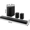 Na zdjęciu znajduje się czarny soundbar wraz z bezprzewodowym subwooferem i dwoma głośnikami satelitarnymi. Widoczne są wymiary: soundbar 950 mm x 63 mm x 115 mm, subwoofer 285 mm x 200 mm x 377 mm.