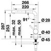 Schemat techniczny baterii z wymiarami: wysokość 287 mm, zasięg wylewki 220 mm, średnica otworu montażowego 40 mm, kąt obrotu 91 stopni. Widoczne są także inne wymiary, takie jak 266 mm, 253 mm, maks. 32 mm, maks. 50 mm, Ø 28, Ø 45.