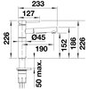 Schemat techniczny baterii z wymiarami: wysokość 226 mm, długość wylewki 233 mm, średnica Ø45 mm, zasięg wylewki 190 mm, maksymalna grubość montażu 50 mm. Widoczne są także inne wymiary: 127 mm, 152 mm, 186 mm.