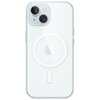 Przezroczyste etui na telefon z widocznym logo Apple pośrodku oraz okrągłym wzorem MagSafe. Etui ma wycięcia na aparat i przyciski boczne.