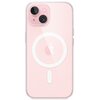 Przezroczyste etui na telefon z widocznym logo w kształcie nadgryzionego jabłka oraz okrągłym wzorem MagSafe. Etui jest dopasowane do różowego telefonu z dwoma obiektywami aparatu i ma zaokrąglone krawędzie.
