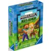 Pudełko gry karcianej "Minecraft Explorers" marki Ravensburger, z grafiką przedstawiającą dwie postacie z gry Minecraft trzymające mapę, otoczone krajobrazem z bloków. Na opakowaniu widnieją napisy: "Matthew Dunstan", "A Cooperative Card Game", "8+", "1-4