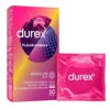 Opakowanie prezerwatyw Durex Pleasuremax z napisem "Regular Fit" oraz informacją "Z prążkami i wypustkami dla dodatkowej stymulacji" w języku polskim i angielskim. Obok opakowania znajduje się różowa saszetka z białym logo Durex.