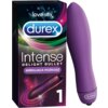 Na zdjęciu znajduje się opakowanie produktu z napisem "love sex durex Intense Delight Bullet Wibrująca Rozkosz" oraz liczba "1". Obok opakowania widoczny jest fioletowy produkt o gładkiej powierzchni z logo "durex" na dolnej części.