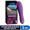 Opakowanie produktu z napisem "love sex durex Intense Delight Bullet WIBRUJĄCA ROZKOSZ" oraz liczba "1" na dole. Obok opakowania znajduje się fioletowy masażer z logo "durex" na końcu, a poniżej widnieje napis "INTENSE MINI MASAŻER DELIGHT BULLET 1 SZT".