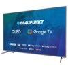 Telewizor z dużym ekranem wyświetla logo "BLAUPUNKT" oraz napisy "QLED | Google TV". Na ekranie widoczne są także ikony i teksty: "4K ULTRA HD", "HDR", "MEMC", "Dolby VISION", "Dolby ATMOS", "Google Assistant", "NETFLIX", "YouTube".
