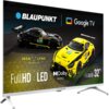 Telewizor z logo BLAUPUNKT i Google TV wyświetla obraz z dwoma samochodami wyścigowymi, z napisami "IRON LYNX MOTORSPORT LAB", "FullHD", "LED", "Dolby Audio" oraz "Series FBG5010 32”".
