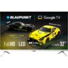 Na zdjęciu widoczny jest telewizor z logo "BLAUPUNKT" oraz napisem "Google TV". Na ekranie przedstawione są dwa samochody wyścigowe z napisami "IRON LYNX", a poniżej znajdują się napisy: "FullHD", "LED", "Dolby AUDIO", "Series FBG5010", "32”".