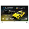 Na zdjęciu widoczny jest telewizor z ekranem, na którym wyświetlane są dwa samochody wyścigowe, czarny i żółty, oraz logotypy: BLAUPUNKT, Google TV, Iron Lynx Motorsport Lab, 4K, LED, Dolby Audio, UBC6010D Series 43".