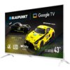 Telewizor z logo BLAUPUNKT i Google TV wyświetla obraz dwóch samochodów wyścigowych z napisem "IRON LYNX MOTORSPORT LAB". Na ekranie widoczne są także oznaczenia "4K", "LED", "Dolby AUDIO" oraz "UBC6010D Series 43”".