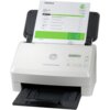 Skaner HP ScanJet Enterprise Flow 5000 s5 z widocznym logo HP na obudowie, skanuje dokument z nagłówkiem "INVOICE" i tabelą zawierającą pozycje oraz ceny. Na panelu sterowania znajdują się przyciski i mały wyświetlacz z tekstem "HP ScanJet Flow 5000 s5".