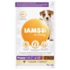 Opakowanie karmy dla psa z napisem "IAMS for Vitality" oraz zdjęciem szczeniaka. Na opakowaniu widnieje informacja "Puppy 1-12 Months" oraz "With fresh chicken", a waga produktu to 3 kg.