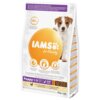 Opakowanie karmy dla psa IAMS For Vitality Puppy Kurczak 3 kg z wizerunkiem szczeniaka i dużym pomarańczowym logo "IAMS for Vitality". Na opakowaniu znajdują się informacje o składnikach, takich jak "85% animal protein", oraz hasła: "Healthy growth", "Healthy brain development", "Strong immune system".