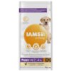 Opakowanie karmy dla psa IAMS For Vitality Puppy Kurczak 3 kg z widocznym logo "IAMS for Vitality" oraz zdjęciem szczeniaka. Na opakowaniu znajdują się informacje o składzie, takie jak "Complete & Balanced Nutrition for Puppy" oraz "With fresh chicken / Mit frischem Huhn", a także oznaczenie wagi 3 kg.