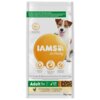 Opakowanie karmy dla psa z napisem "IAMS for Vitality" oraz grafiką psa. Na opakowaniu widnieje informacja "Complete & Balanced Nutrition for Adult Dog" oraz "Adult 1+ S/M <25kg", a także "With fresh chicken / Mit frischem Huhn" i waga "3kg".