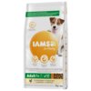 Opakowanie karmy dla psa marki IAMS For Vitality o smaku kurczaka, 3 kg, z widocznym logo IAMS oraz napisem "Complete & Balanced Nutrition for Adult Dog". Na opakowaniu znajdują się również informacje o składnikach odżywczych i zaletach produktu, takich jak zdrowe zęby, trawienie i skóra.