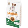 Opakowanie karmy dla psa IAMS For Vitality Adult Small & Medium Breed Lamb 3 kg, z wizerunkiem psa na górze, dużym napisem "IAMS" oraz informacjami o składzie i zaletach produktu, takimi jak "80% Animal Protein" i "100% Complete & Balanced Nutrition". Na opakowaniu widnieje również informacja "With Lamb" oraz oznaczenie "1+ Years S/M <25kg".