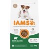 Opakowanie karmy dla psa IAMS For Vitality Adult Small & Medium Breed Lamb 3 kg z wizerunkiem psa na górze oraz napisami: "80% Animal Protein*", "100% Complete & Balanced Nutrition", "With Lamb", "1+ Years", "S/M <25kg", "3kg". Widoczne są również ikony i oznaczenia dotyczące systemu DentalCare oraz informacji o recyklingu opakowania.