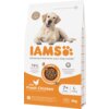 Opakowanie karmy dla psa z dużym zdjęciem psa na górze oraz napisem "IAMS" w kolorze pomarańczowym. Na opakowaniu znajdują się informacje: "Advanced Nutrition your dog needs", "78% Animal Protein", "With Fresh Chicken", "7+ Years", "L >25kg", "3kg", oraz ikony i symbole dotyczące składu i systemu DentalCare.