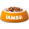 Pomarańczowa miska z białym napisem "IAMS" i symbolem łapy, wypełniona kawałkami karmy dla kota w galarecie. Kawałki karmy mają brązowy kolor z widocznymi przezroczystymi fragmentami galarety.